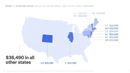 Map showing Tesla Model Y starting price