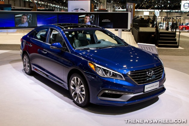 Blue front of the 2015 Hyundai Sonata at the Chicago Auto Show